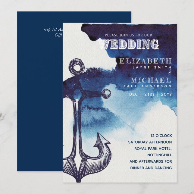Watery Nautical Sailing Destination Wedding Invite (Front/Back)