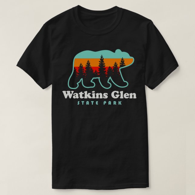 Watkins Glen State Park Hiking New York Retro Bear T-Shirt (Design Front)