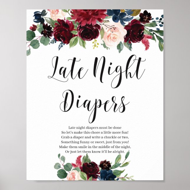 Watrcolor burgundy navy floral late night diapers poster (Front)