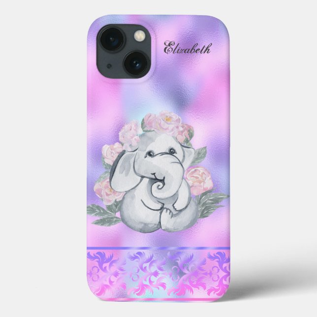 Watrercolor Elephant Flowers Holographic Case-Mate iPhone Case (Back)