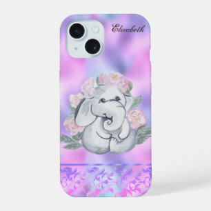 Watrercolor Elephant Flowers Holographic iPhone 15 Case
