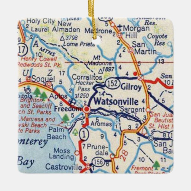 Watsonville CA Vintage Map Ceramic Ornament (Front)