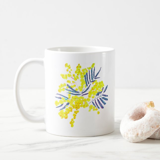 Wattle Mimosa yellow flower art Australia Coffee Mug (With Donut)