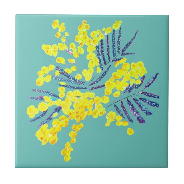 Wattle Mimosa yellow flower art Australia Tile (Front)