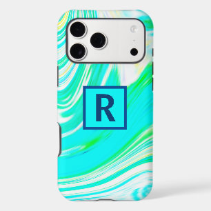 Wave Abstract Monogram Initials Blue Green Cool