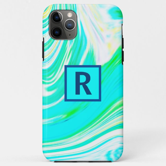 Wave Abstract Monogram Initials Blue Green Cool Case-Mate iPhone Case (Back)