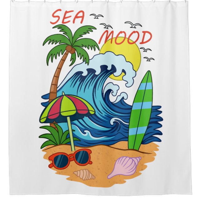 Wave and Palm Tree Shower Curtain (Front)
