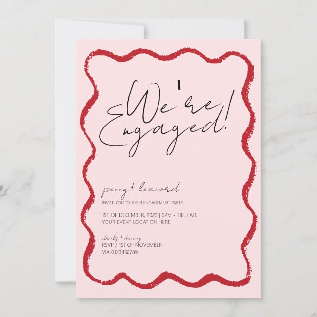 Wave Border Scallop Edge Red and Pink Engagement Invitation (Front)