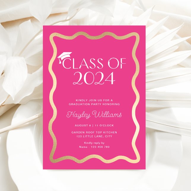 Wave Hot Pink Graduation Party Invitation (Graduation Party Invitation Wave Hot Pink Gold)