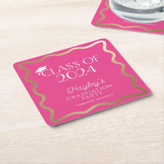 Wave Hot Pink Graduation Party Welcome Square Paper Coaster (Angled)
