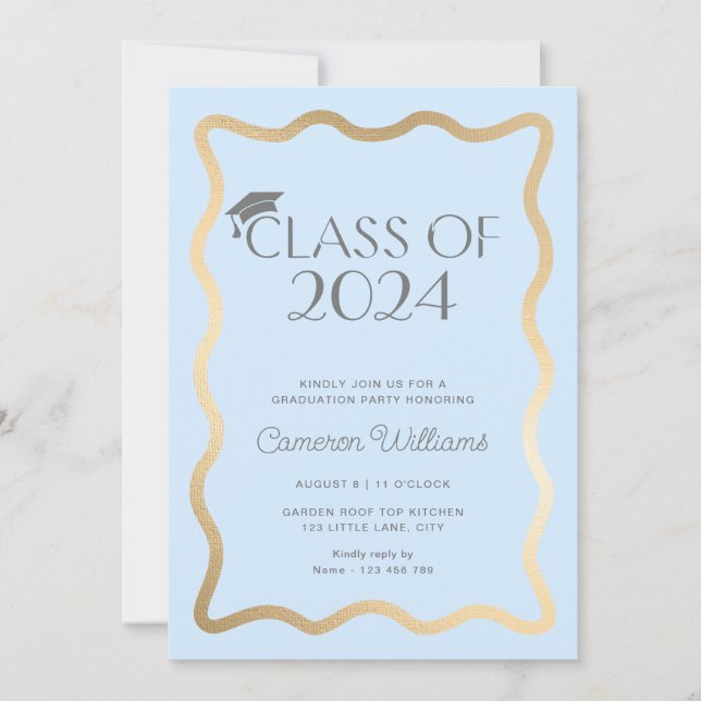 Wave Light Blue Gold Graduation Party Invitation (Front)