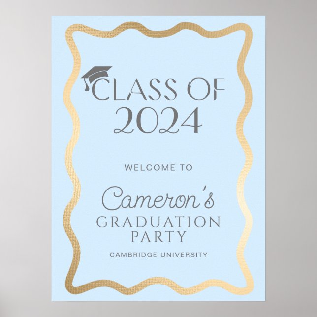 Wave Light Blue Gold Graduation Party Welcome Poster (Front)