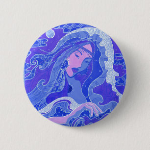 Wave, Mermaid, Fantasy Art Asian Girl, Blue & Pink 6 Cm Round Badge