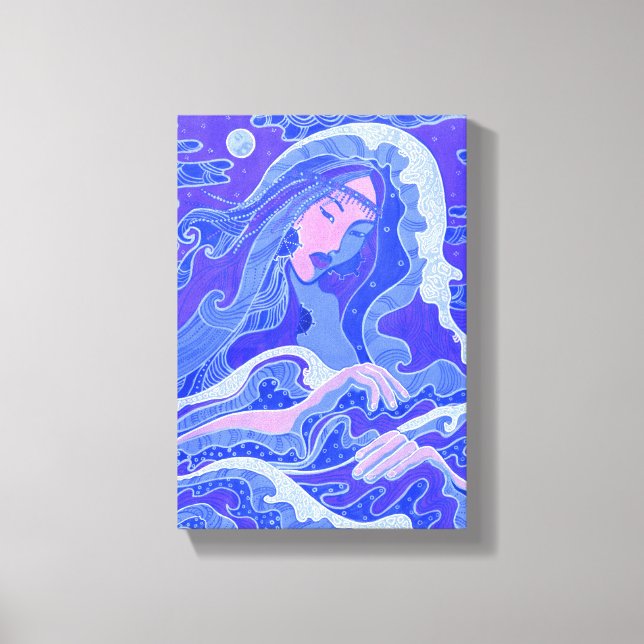 Wave, Mermaid, Fantasy Art Asian Girl, Blue & Pink Canvas Print (Front)
