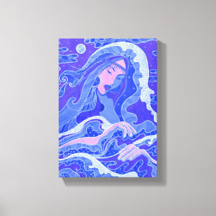 Wave, Mermaid, Fantasy Art Asian Girl, Blue & Pink Canvas Print