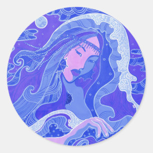 Wave, Mermaid, Fantasy Art Asian Girl, Blue & Pink Classic Round Sticker