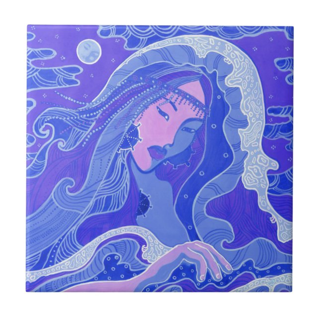 Wave, Mermaid Fantasy Surreal Asian Girl Blue Pink Tile (Front)