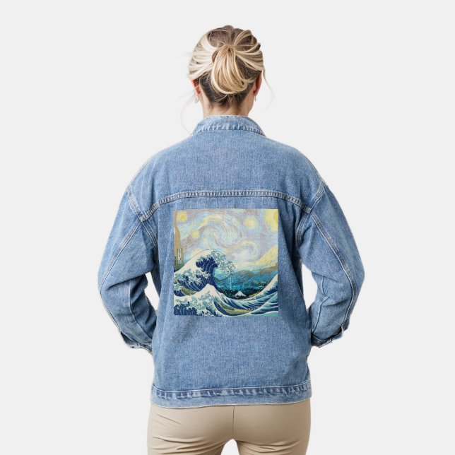 WAVE OF KANAGAWA IN STARRY NIGHT BACKGROUND DENIM JACKET (Model)