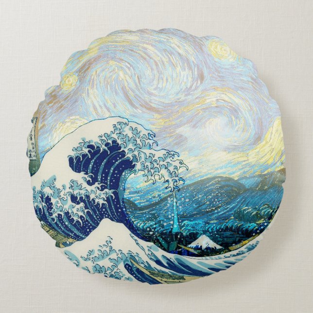 WAVE OF KANAGAWA IN STARRY NIGHT BACKGROUND ROUND CUSHION (Front)