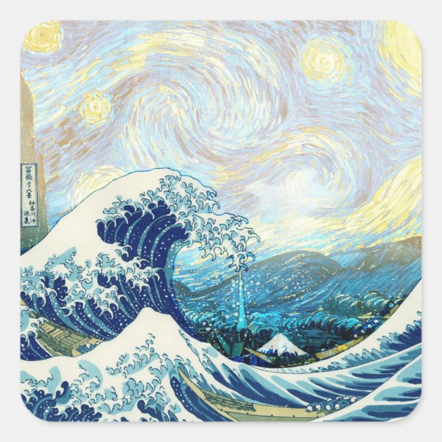 WAVE OF KANAGAWA IN STARRY NIGHT BACKGROUND SQUARE STICKER (Front)