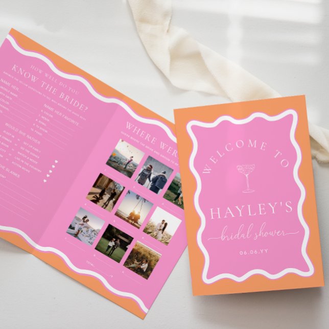 Wave Orange Pink Bridal Shower Game Menu Booklet (Bridal Shower Game and menu Booklet Wave Orange Pink )