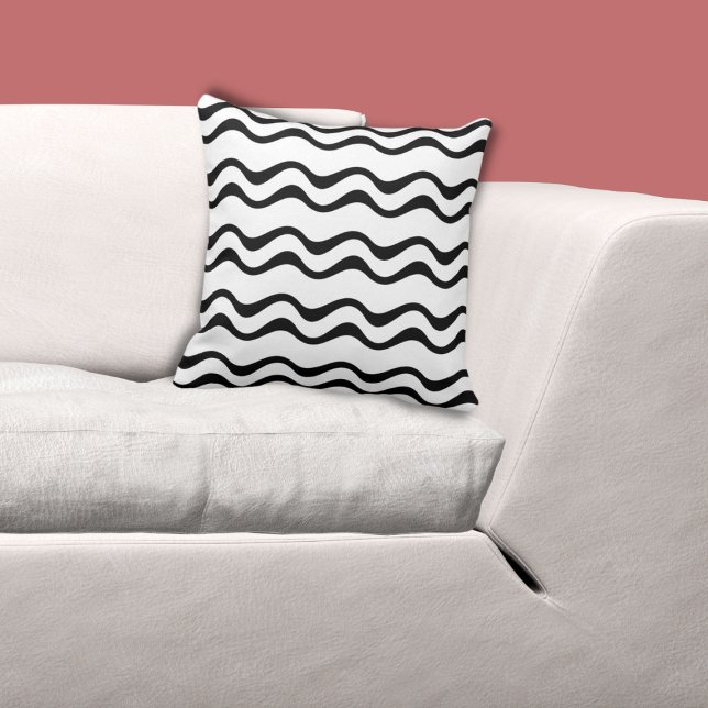 Wave Pattern Black and White - Throw Pillow (Regular Black Ripple Pattern, White Pillow)