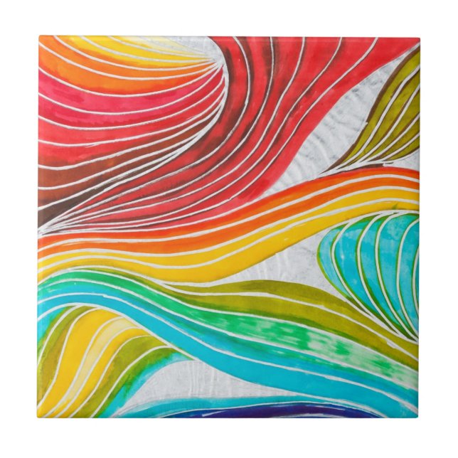 Wave Pattern Drawn By Watercolor Paints Tile (Front)