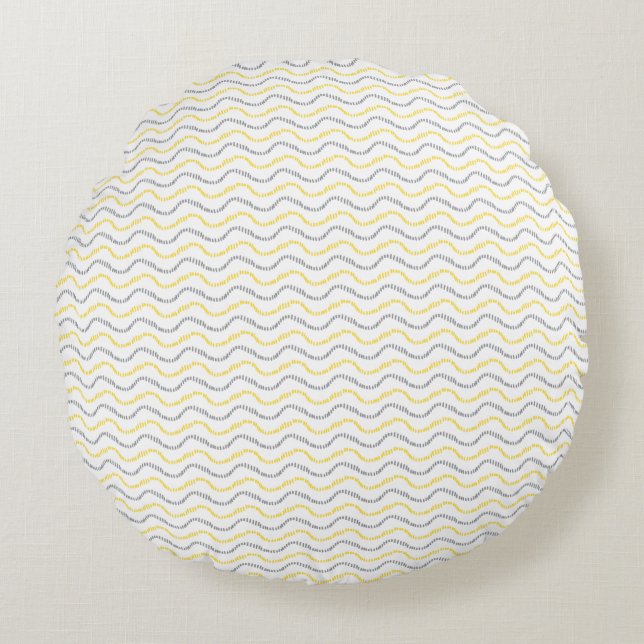 Wave Pattern Yellow & Grey Round Pillow (Front)