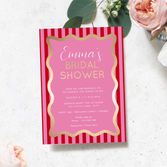 Wave Pink red Stripe Bridal Shower (Pink Red Stripe Wave Gold Bridal Shower Invitation )