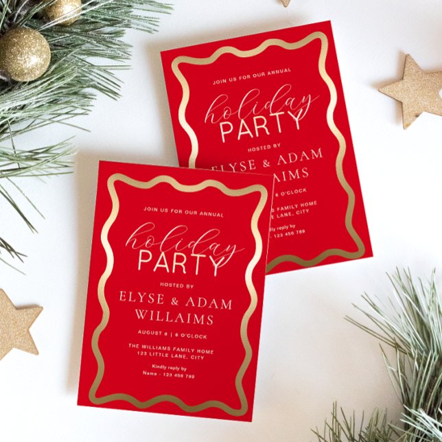 Wave Red Holiday Party (Holiday Party Red Gold Foil Invitation )