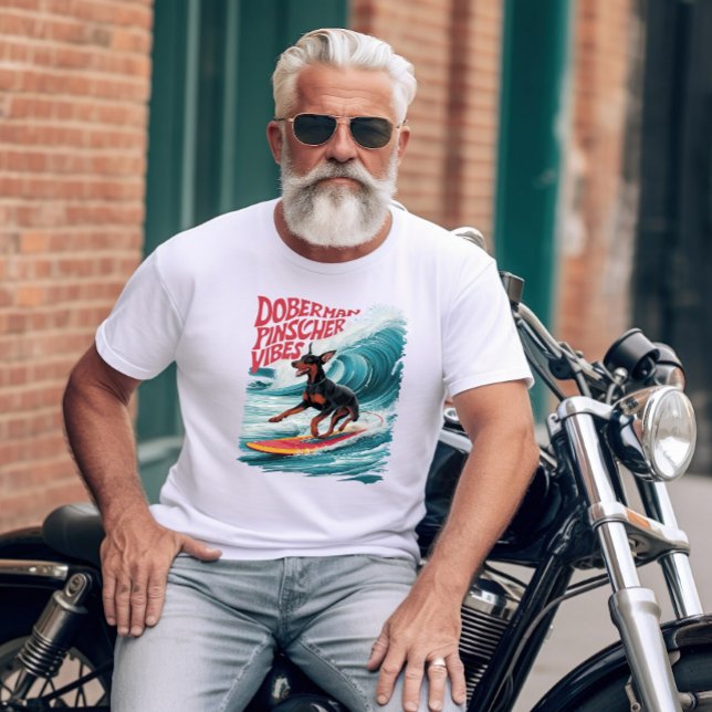 Wave Rider: Doberman Pinscher Dog Surfing in Style T-Shirt (Creator Uploaded)