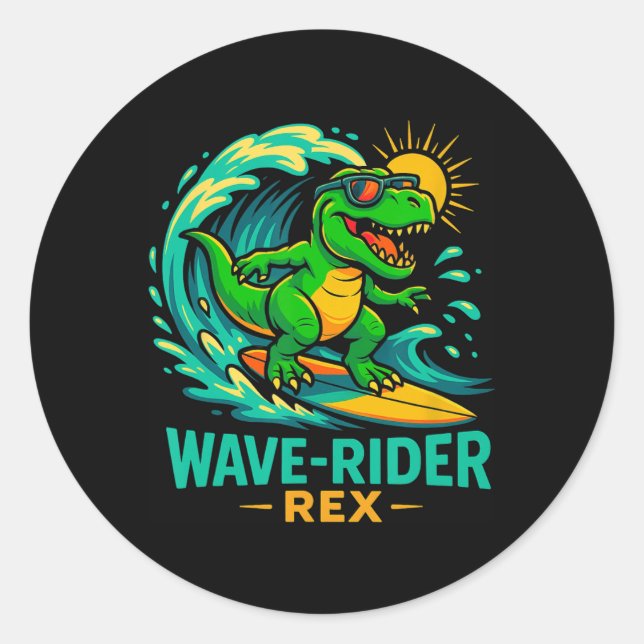 Wave-rider Rex Funny Surfing Dinosaur T-rex Summer Classic Round Sticker (Front)