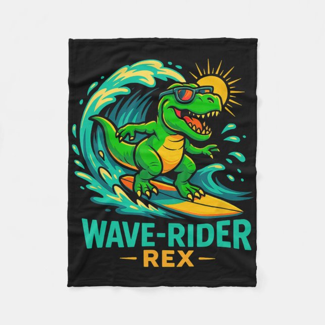 Wave-rider Rex Funny Surfing Dinosaur T-rex Summer Fleece Blanket (Front)