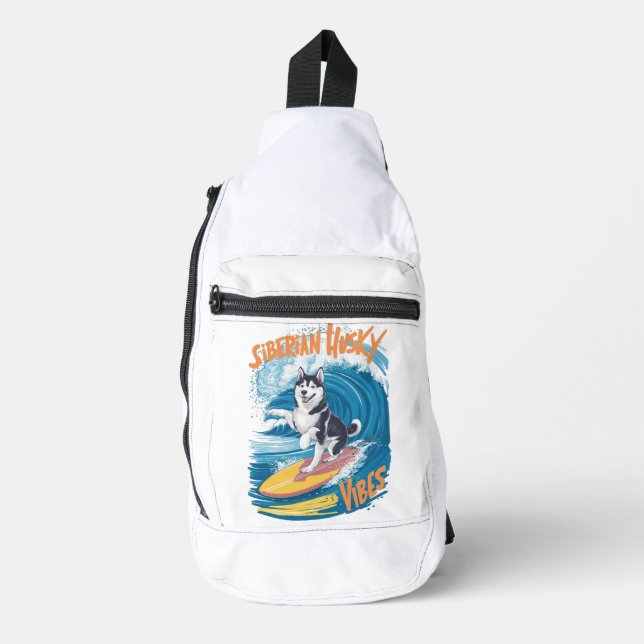Wave Rider Siberian Husky Dog Surfing Sling Bag (Front)