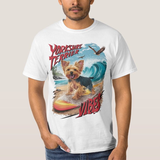 Wave Rider Yorkshire Terrier Surfing Pup T-Shirt (Front)