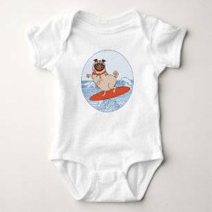 Wave riding happy pug dog on surfboard baby bodysuit