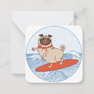Wave riding happy pug dog on surfboard card