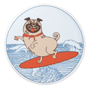 Wave riding happy pug dog on surfboard ceramic knob