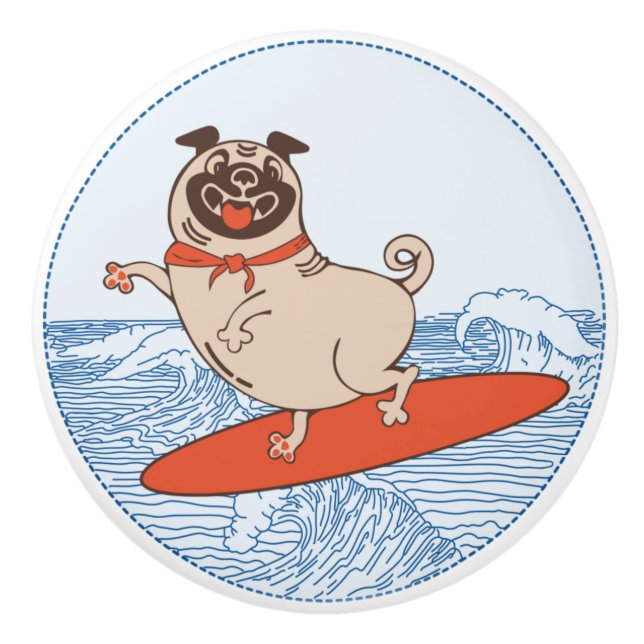 Wave riding happy pug dog on surfboard   ceramic knob (Front)