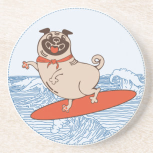 Wave riding happy pug dog on surfboard coaster