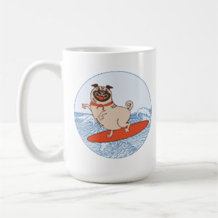 Wave riding happy pug dog on surfboard coffee mu mug