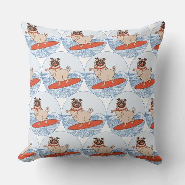 Wave riding happy pug dog on surfboard  cushion (Front)