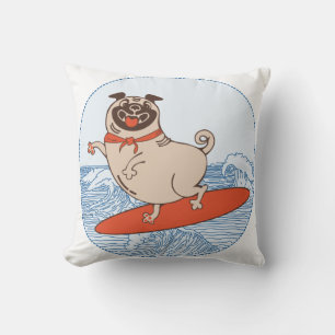 Wave riding happy pug dog on surfboard   cushion