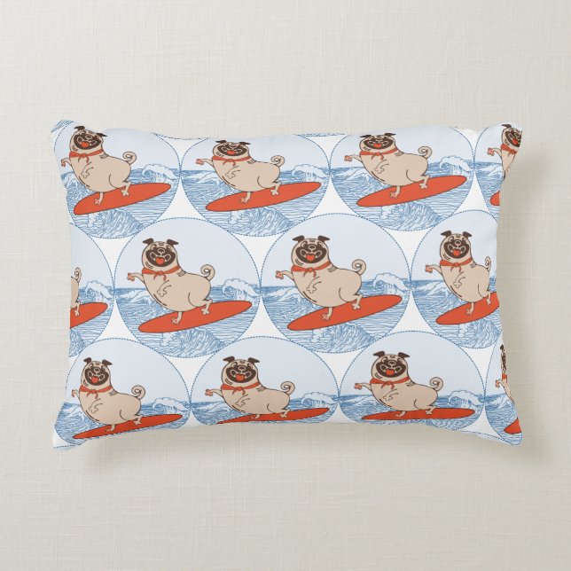 Wave riding happy pug dog on surfboard  decorative cushion (Front)
