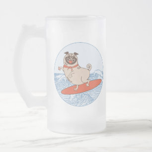 Wave riding happy pug dog on surfboard frosted glass beer mug