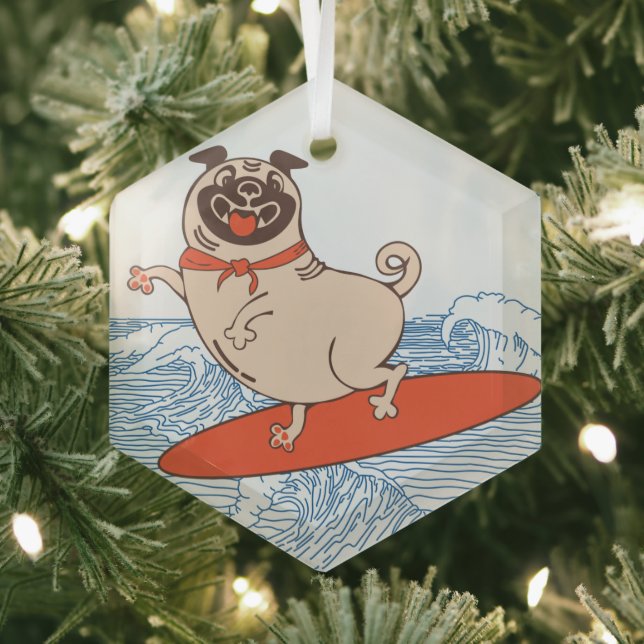 Wave riding happy pug dog on surfboard   glass tree decoration (Insitu)
