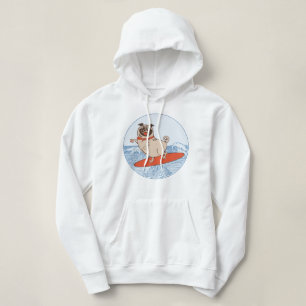 Wave riding happy pug dog on surfboard  hoodie