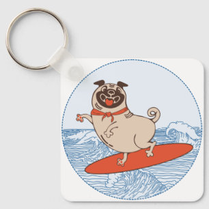 Wave riding happy pug dog on surfboard   key ring