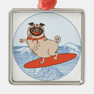 Wave riding happy pug dog on surfboard metal tree decoration