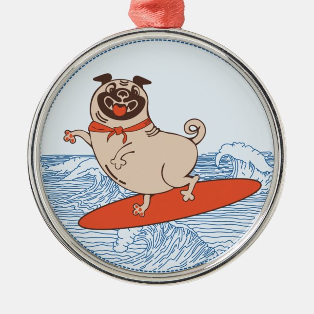 Wave riding happy pug dog on surfboard  metal tree decoration (Front)